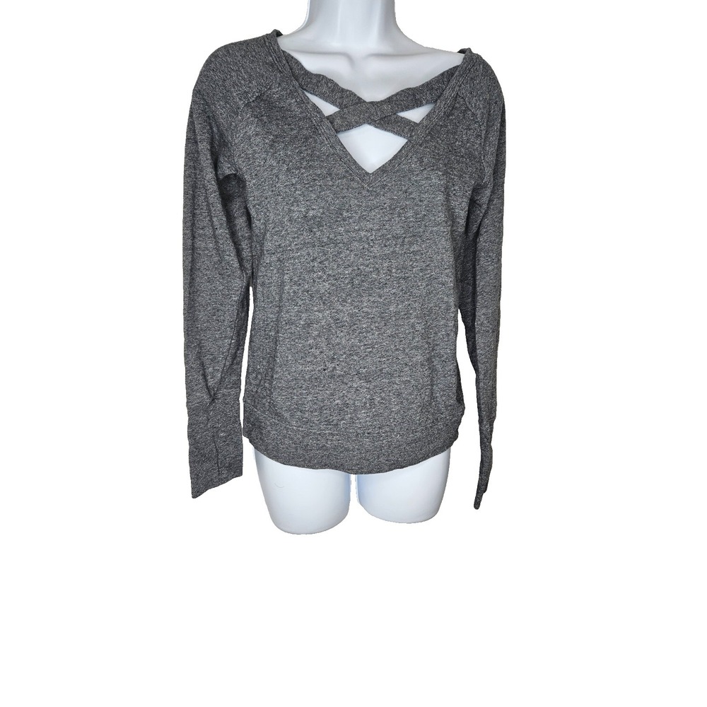 Womens Gray Criss Cross V Neck Long Sleeve Knit Top Fitted Casual Athleisure